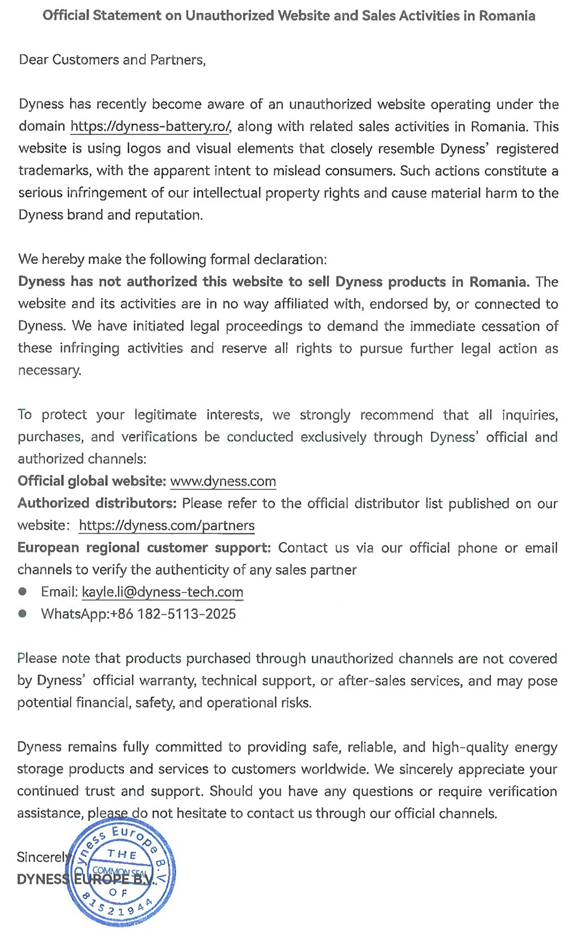 Official Statement on Unauthorized Website and Sales Activities in Romania.webp